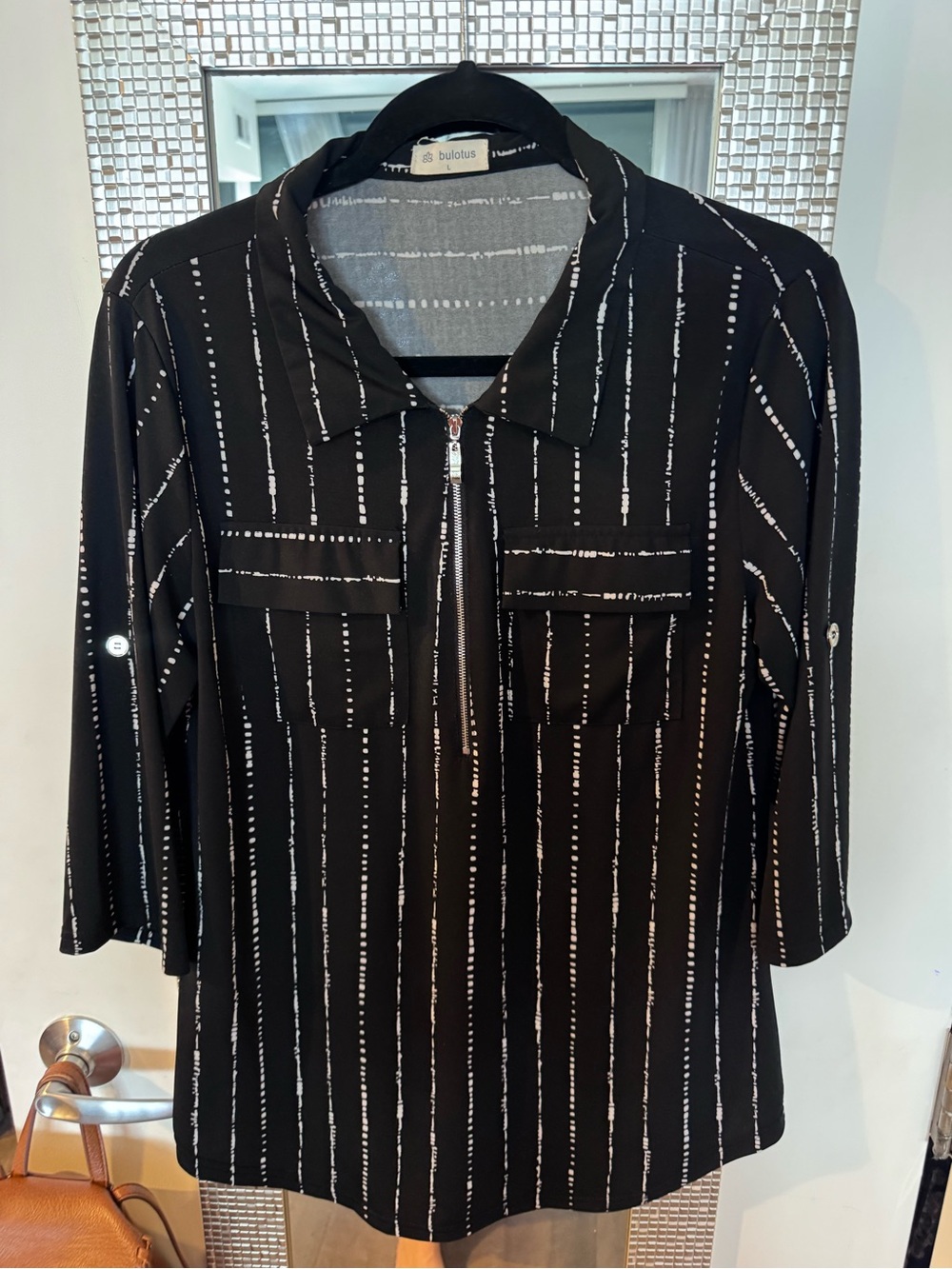 Black Vertical-Stripe Zip-Front Blouse by